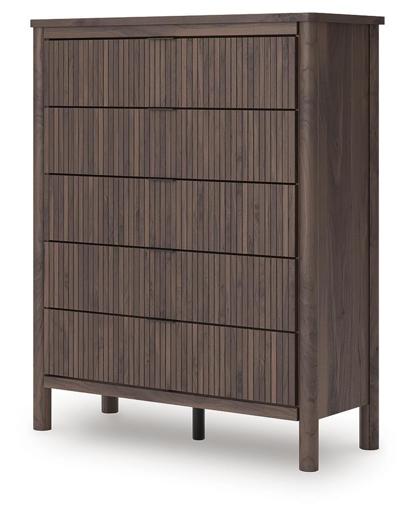 Cadmori Queen Upholstered Panel Bed, Dresser, Mirror, Chest and Nightstand