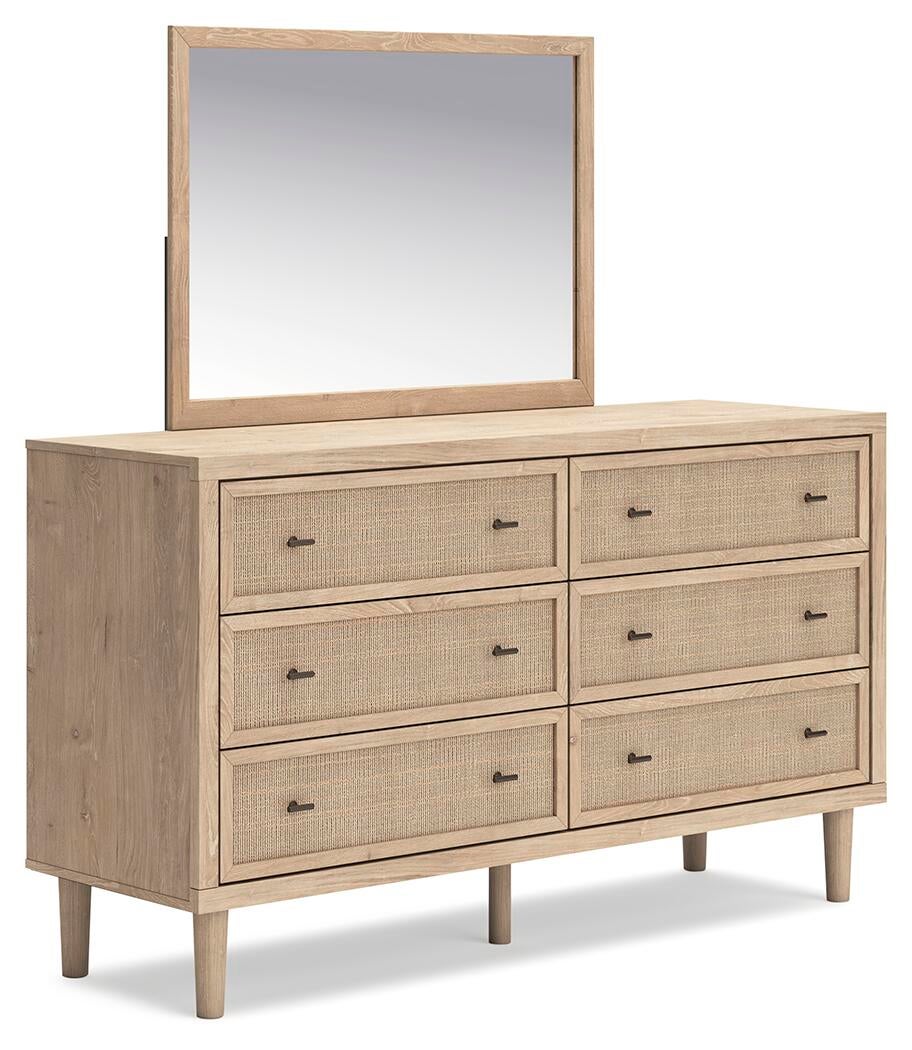 Cielden Queen Upholstered Bed with Roll Slats, Dresser and Mirror
