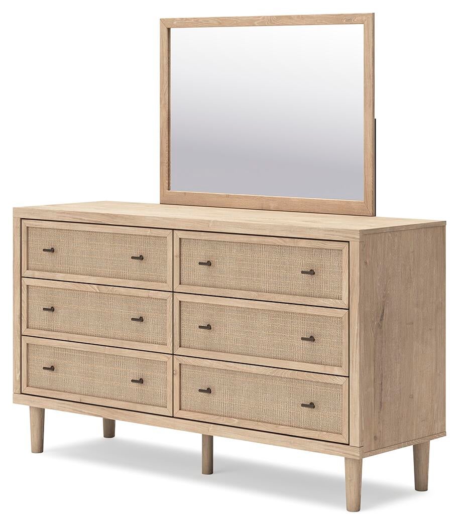 Cielden Queen Upholstered Bed with Roll Slats, Dresser and Mirror