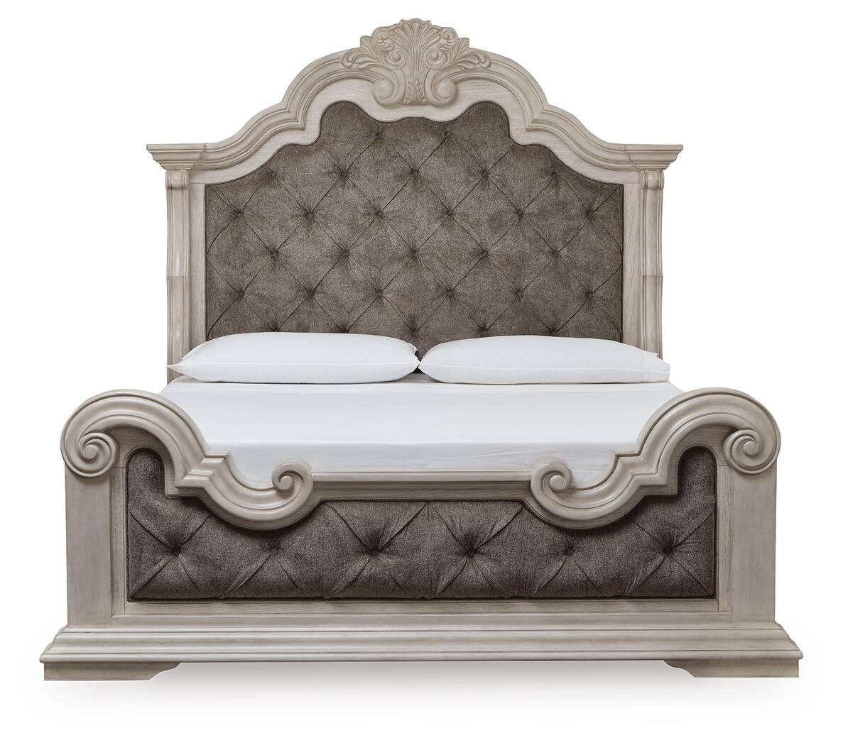 Andonhall California King Upholstered Panel Bed with Mirrored Dresser
