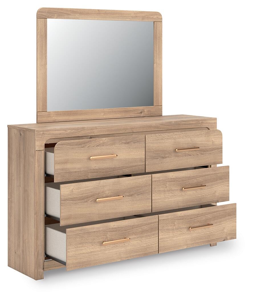 Hollymount Queen Upholstered Platform Bed, Dresser, Mirror and Nightstand