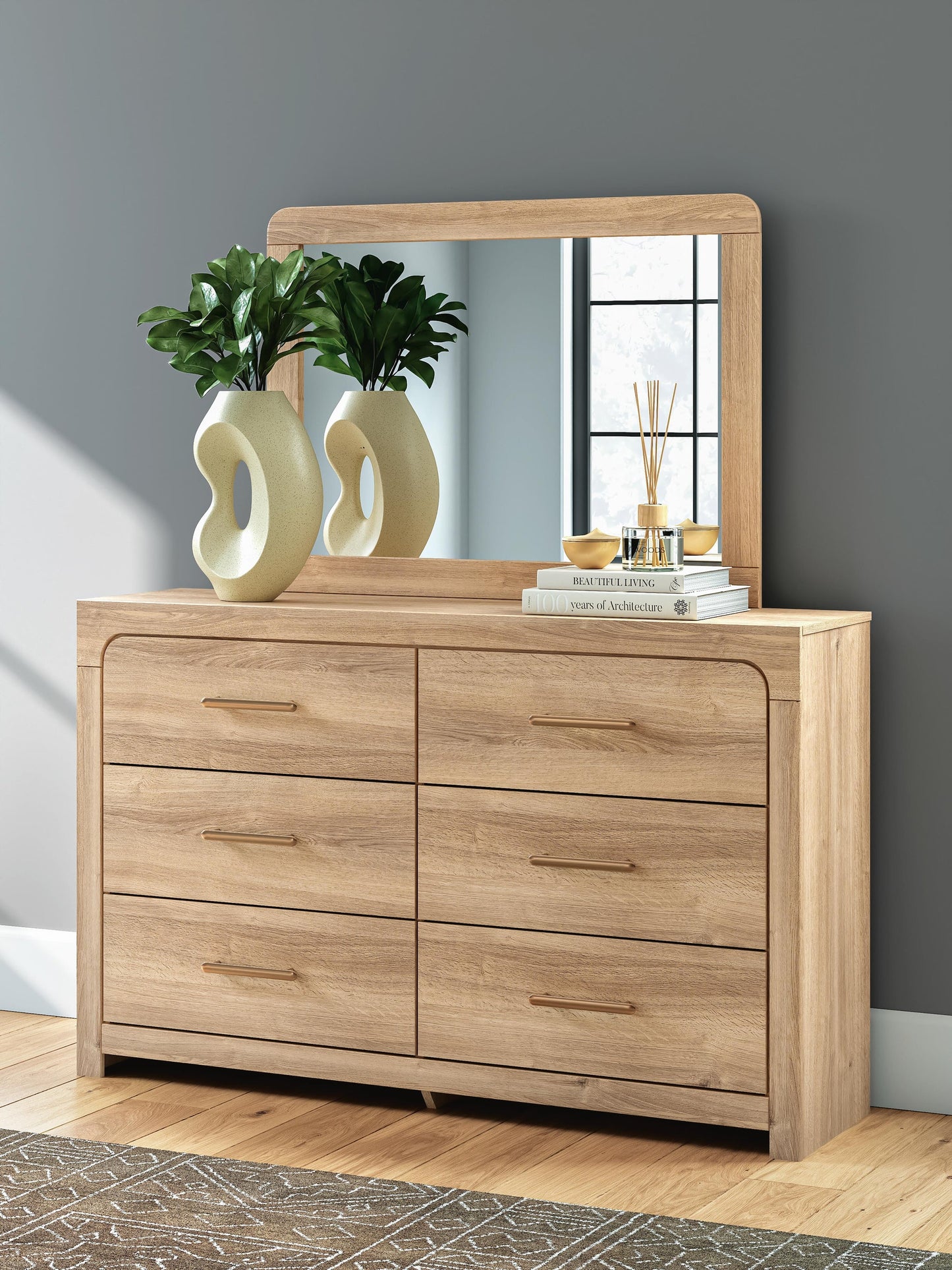 Hollymount King Upholstered Platform Bed, Dresser and Mirror