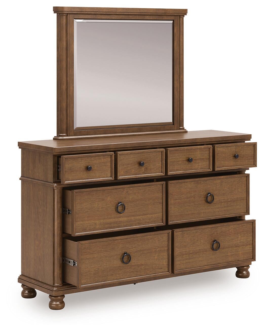 Chadworth California King Poster Bed with Mirrored Dresser