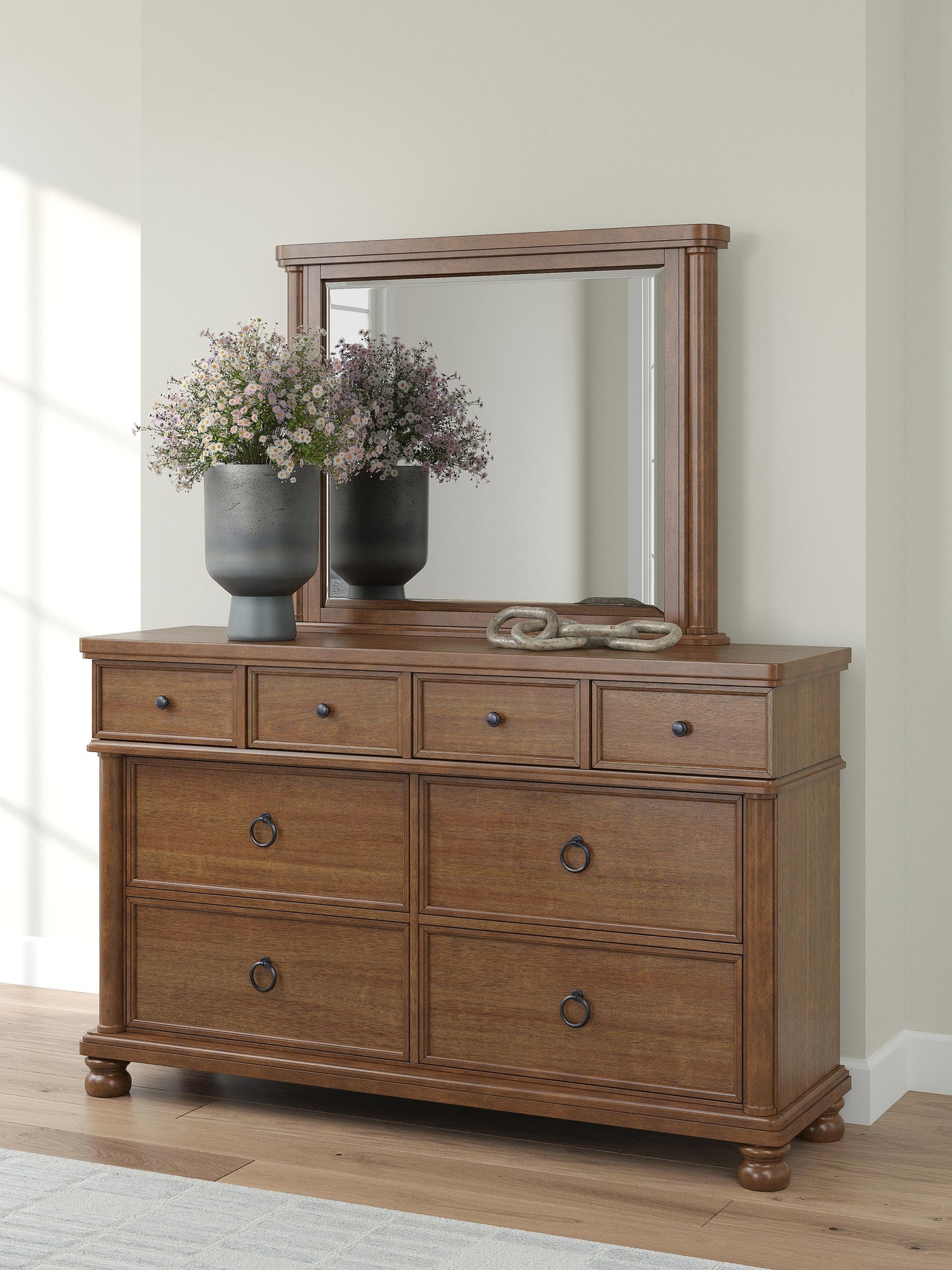 Chadworth California King Poster Bed with Mirrored Dresser