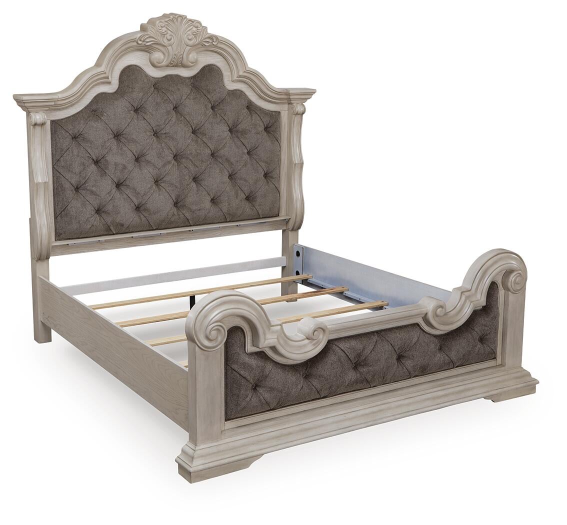 Andonhall California King Upholstered Panel Bed with Mirrored Dresser and Nightstand