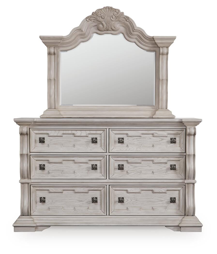 Andonhall King Upholstered Panel Bed with Mirrored Dresser