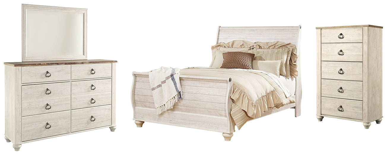 Willowton  Sleigh Bed With Mirrored Dresser And Chest