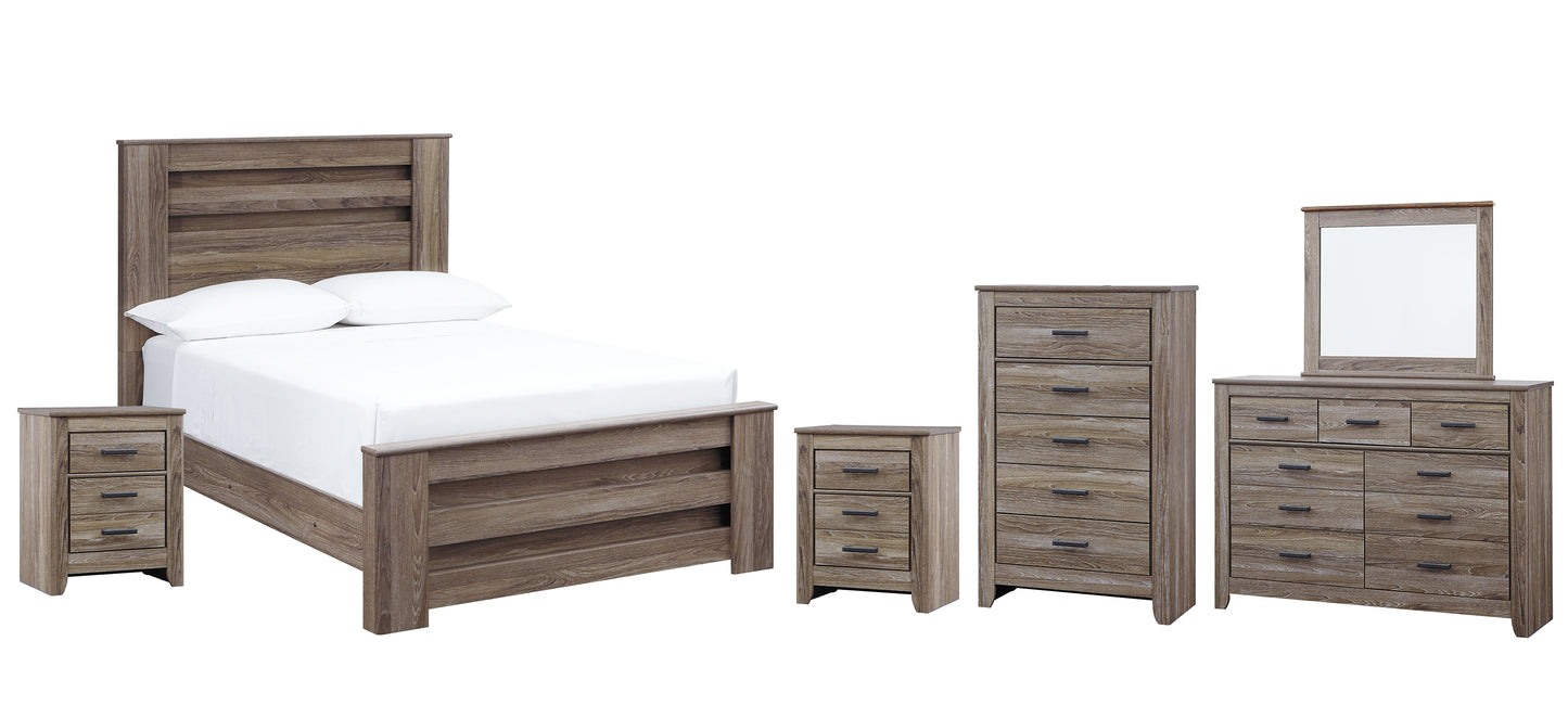 Zelen Full Panel Bed with Mirrored Dresser, Chest and 2 Nightstands