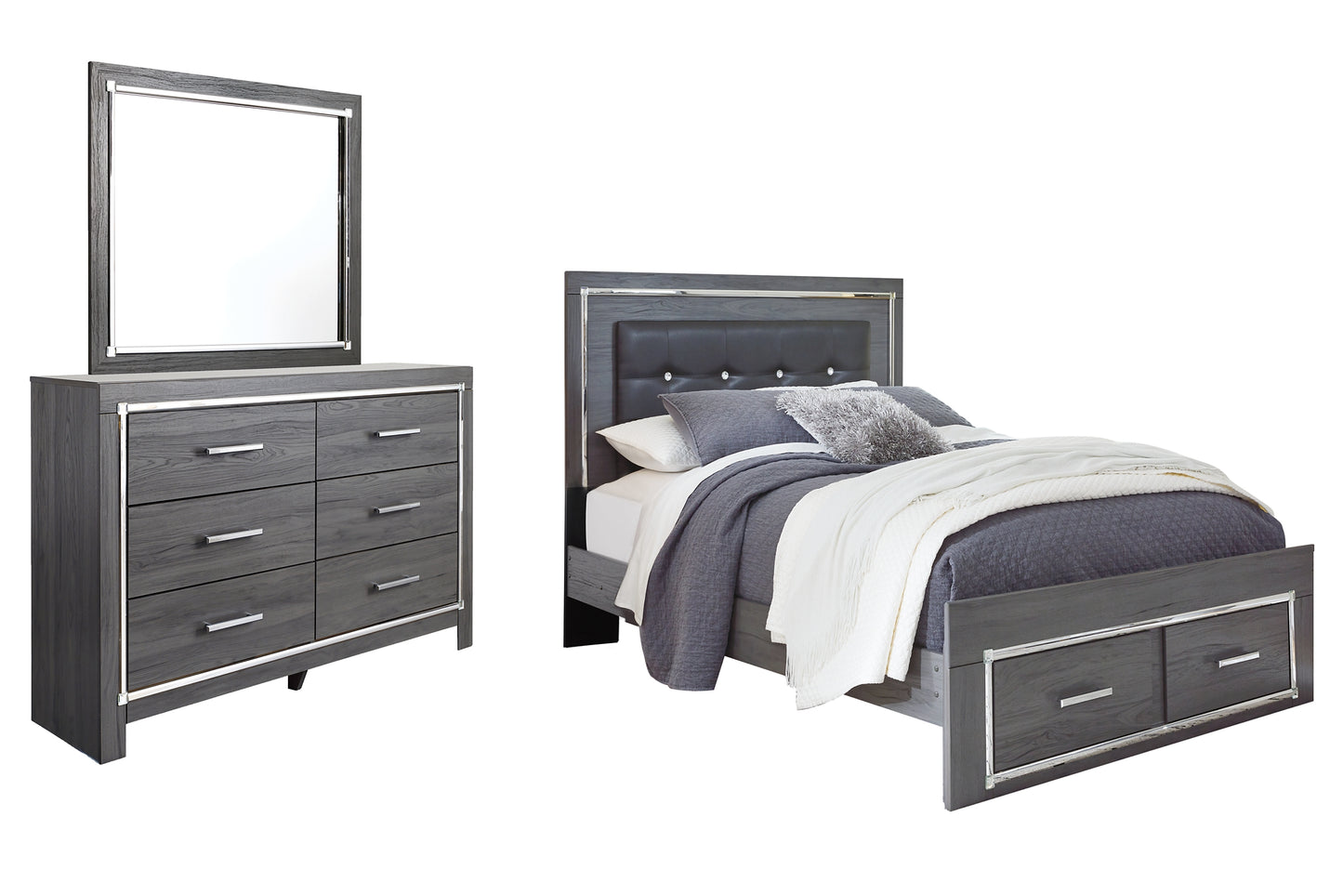 Lodanna  Panel Bed With 2 Storage Drawers With Mirrored Dresser