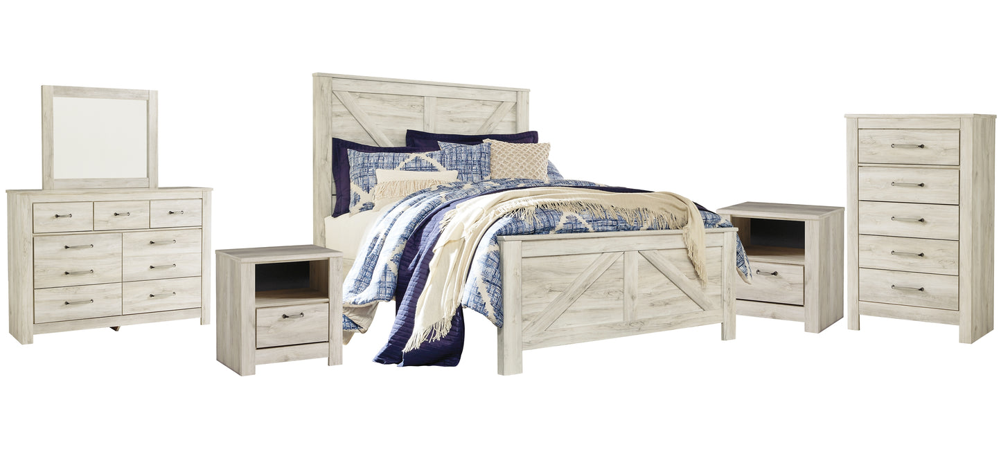 Bellaby  Crossbuck Panel Bed With Mirrored Dresser, Chest And 2 Nightstands