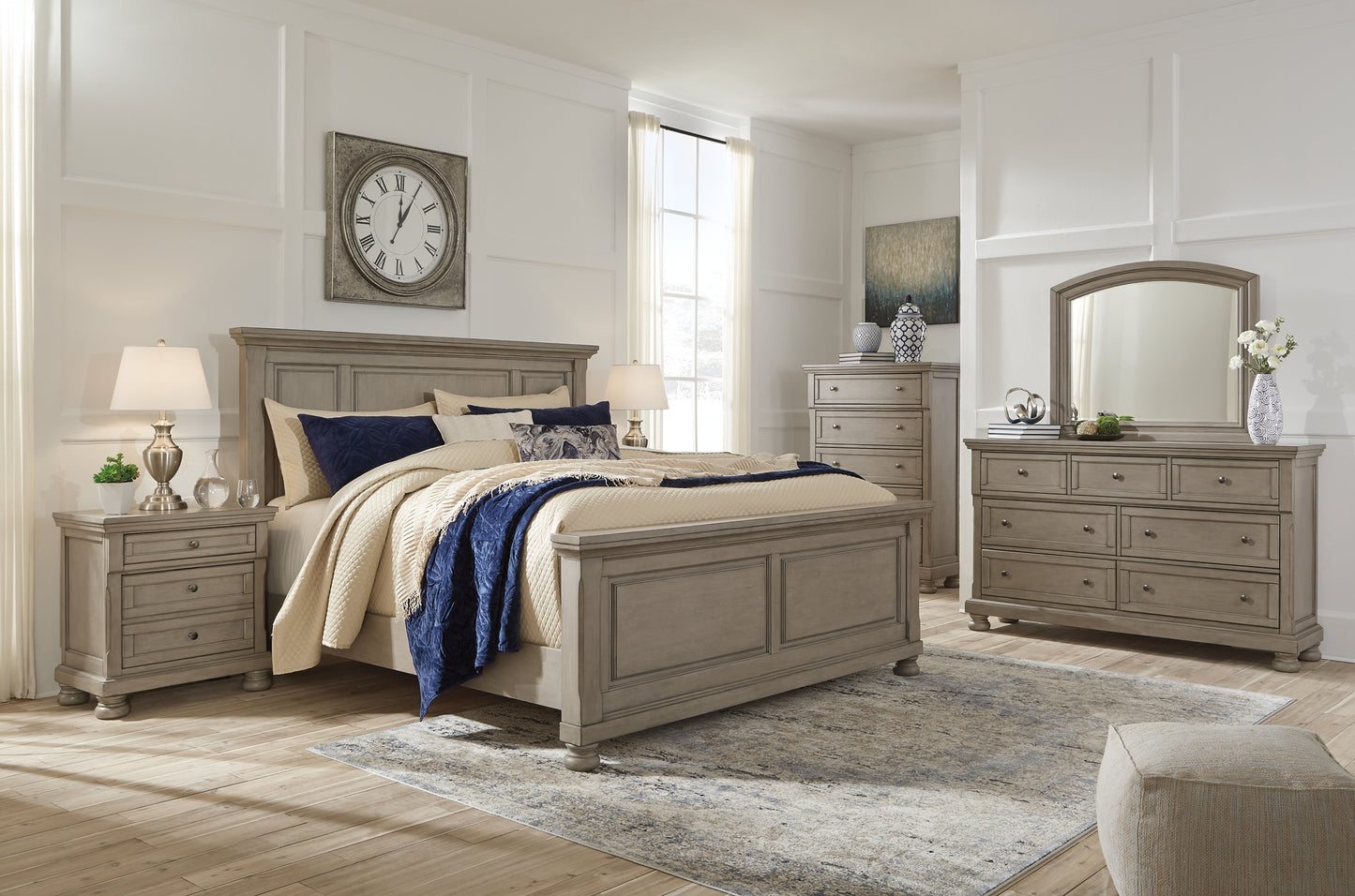 Lettner California King Panel Bed with Mirrored Dresser, Chest and Nightstand